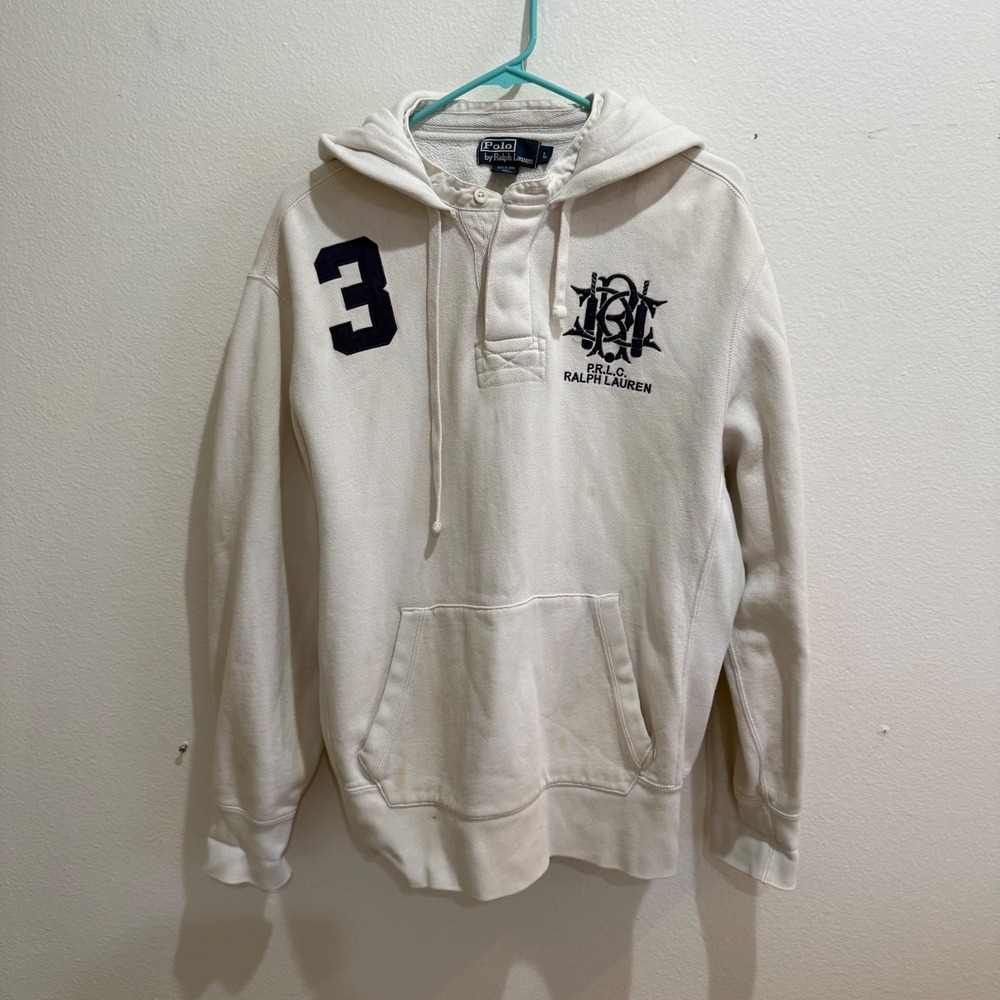 Polo Ralph Lauren Vintage Henley Hoodie Cream White Crest Patch Mens Large